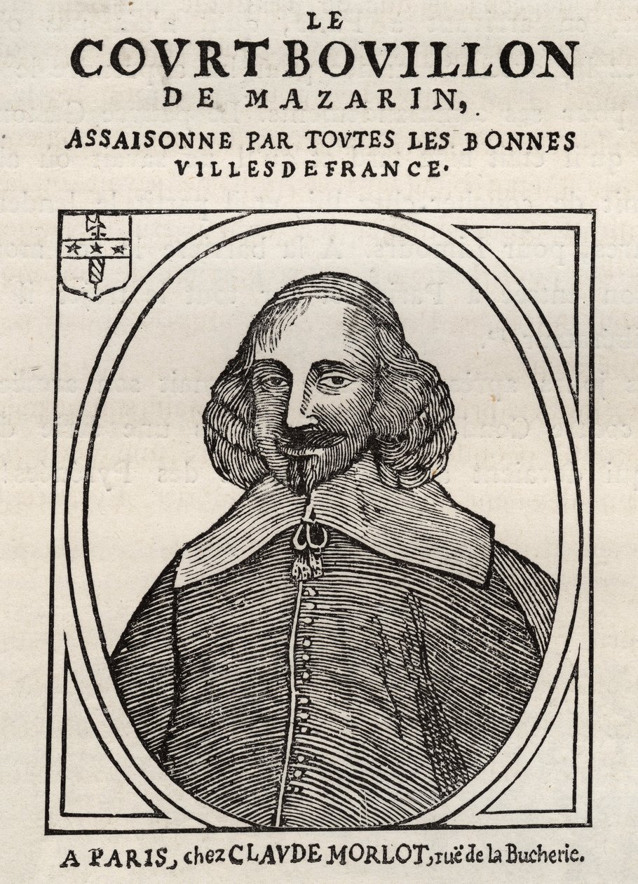 Politische Pamphlete Mazarinade (politisches Pamphlet unter der Schleuder), populäres Bild gegen Mazarin über seinen Rücktritt in Bouillon (Le court broth de Mazarin). Private Sammlung. von Anonymous Anonymous