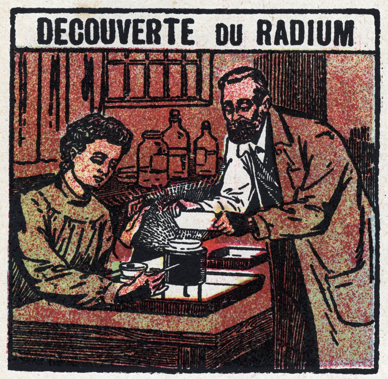 Radium: Entdeckung des Radiums durch Pierre (1859-1906) und Marie Curie (1867-1934) im Jahr 1898. Anonyme Illustration von 1925. Private Sammlung. von Anonymous Anonymous