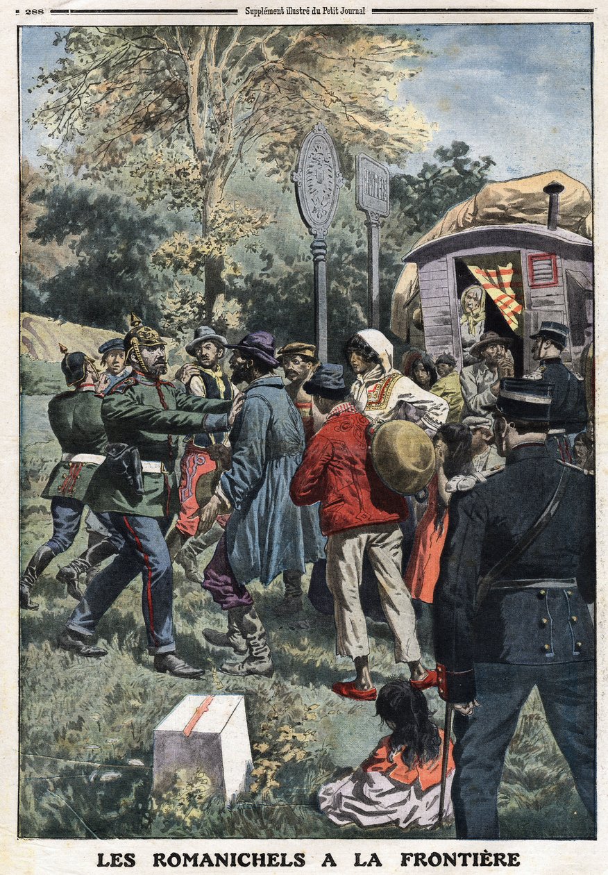 Roma auf der Grenze: Die französischen Gendarmen verweisen nomadische Familien an die deutsche Grenze oder deutsche Gendarmen hindern sie daran, in ihr Land einzudringen. Gravur in „Le Petit Journal“, am 08.09.1912. Private Sammlung. von Anonymous Anonymous