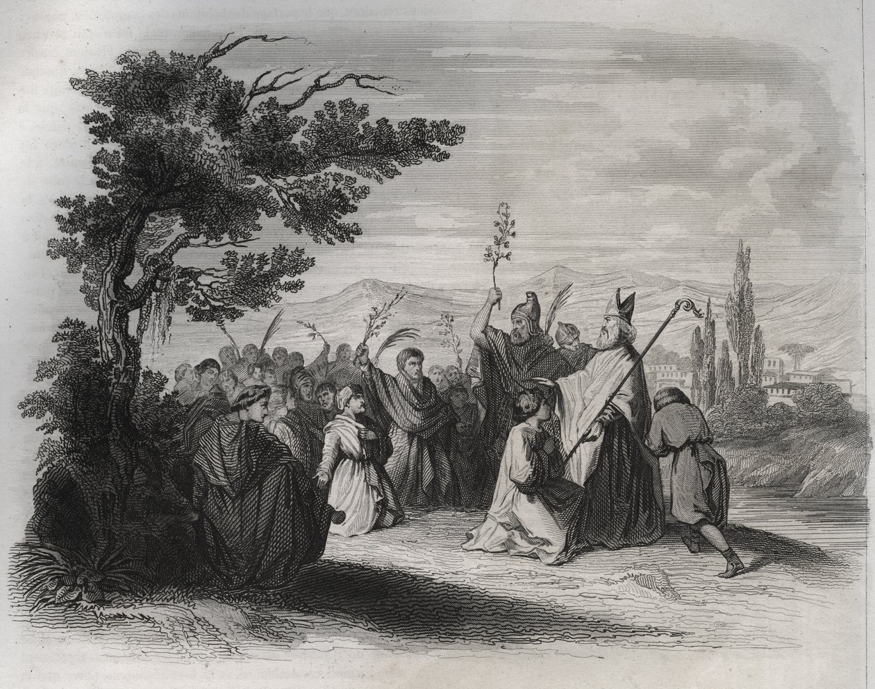 Saint Hilaire de Poitiers (310-368) kehrt aus dem Exil zurück. Gravur von 1846 in „Lives of the saints“. Private Sammlung. von Anonymous Anonymous