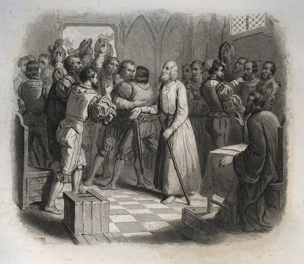 Heiliger Nikolaus von Flüe oder Bruder Klaus (1417-1487), ein Schweizer Einsiedler, der die Schweizer Eidgenossen versöhnte, die kurz davor standen, einen Bürgerkrieg zu beginnen. Gravur von 1846 in Lives of the Saints. Private Sammlung von Anonymous Anonymous