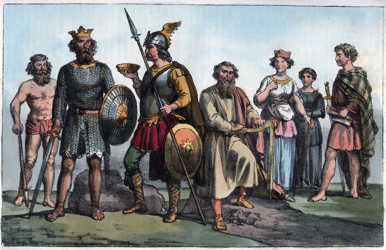 Sächsischer Krieger und Angelsachsen - Sächsischer Krieger und die Angelsachsen - Gravur aus „Usi e Costumi di Tutti i Popoli dell