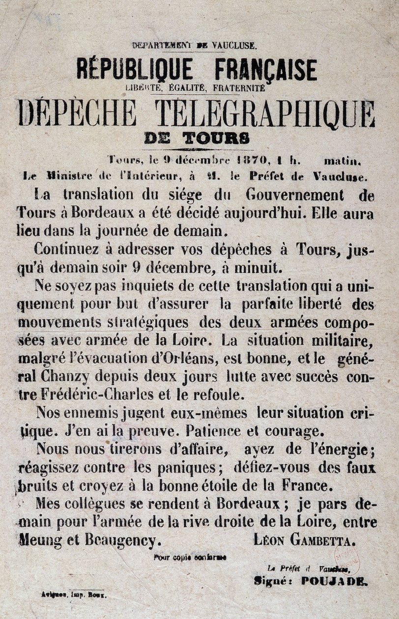 Telegraphische Nachrichten von Tours vom 9.12.1870 von Léon Gambetta von Anonymous Anonymous