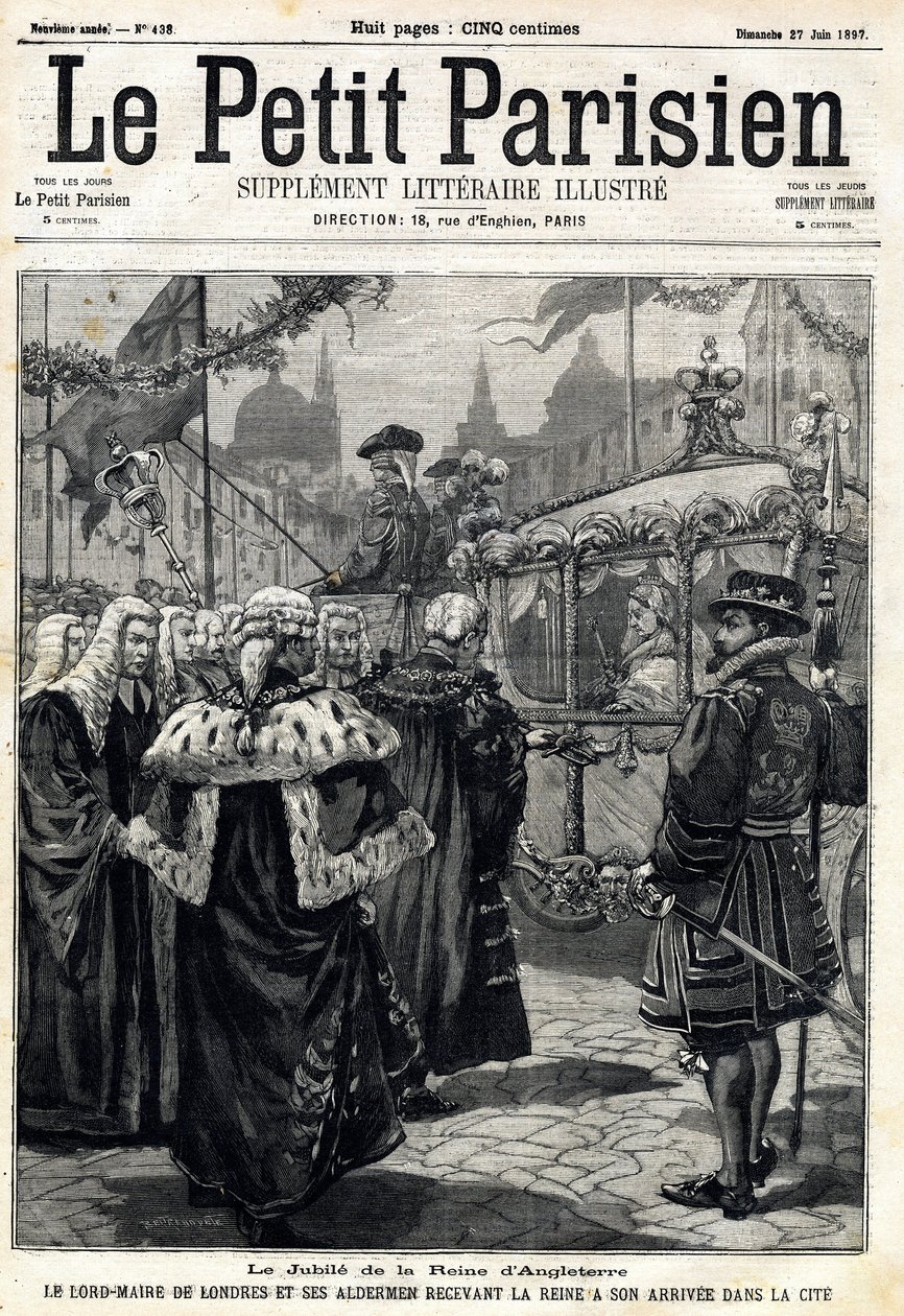 Das Jubiläum der Königin von England Victoria: der Lord Mayor von London Horatio Davies (1819-1901) und seine Stadträte empfangen die Königin in der Stadt. In „Le Petit Parisien“ am 27.06.1897 von Anonymous Anonymous