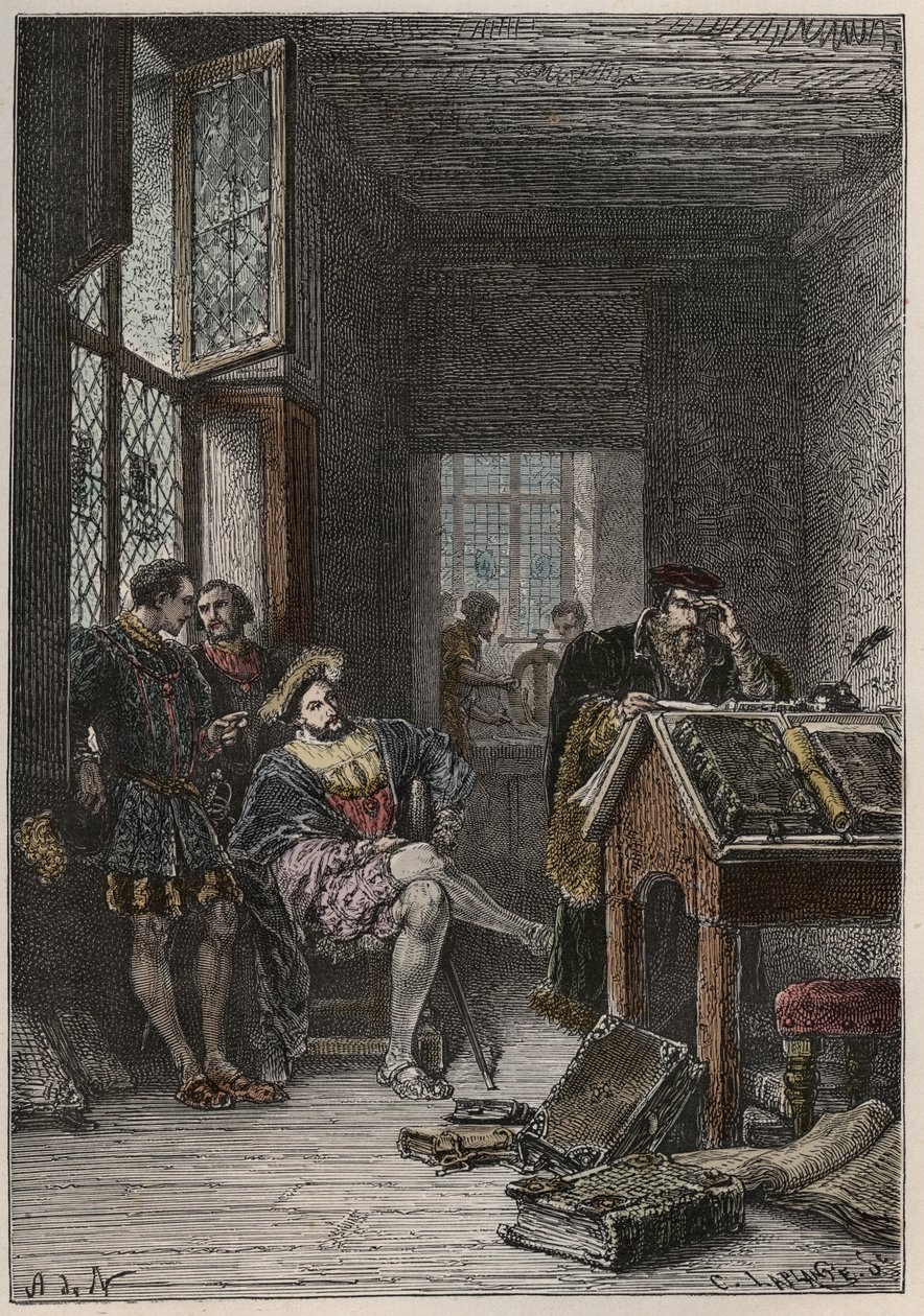 Der König von Frankreich Franz I. (1494-1547), Beschützer der Künste und Wissenschaften, besucht die Werkstätten der Drucker Estienne, ca. 1540 von Anonymous Anonymous
