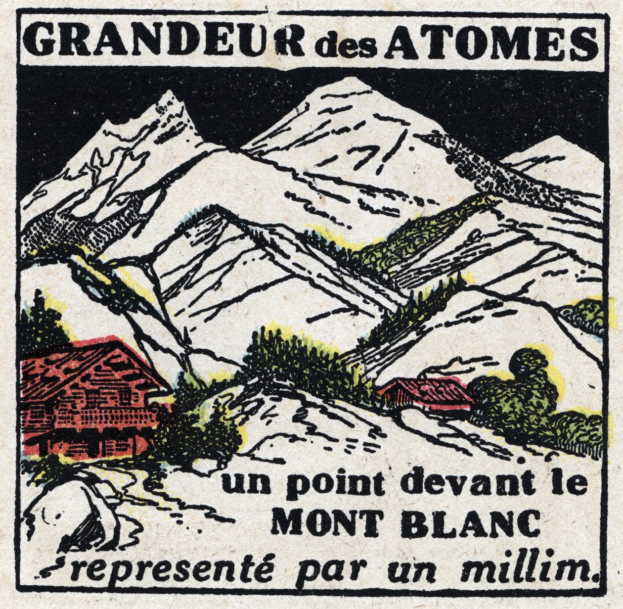 Das Atom und die Wissenschaft: die Größe der Atome. Ein Punkt vor dem Mont Blanc dargestellt durch einen Millimeter. Anonyme Illustration von 1925. Private Sammlung. von Anonymous Anonymous