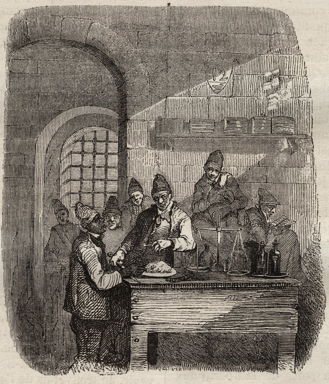 Die Kantine des Brest-Bagne im 19. Jahrhundert. Gravur in „Histoire des bagnes depuis leur création à nos jours“ (1877) von Pierre Zaccone (1817-1895). Private Sammlung. von Anonymous Anonymous