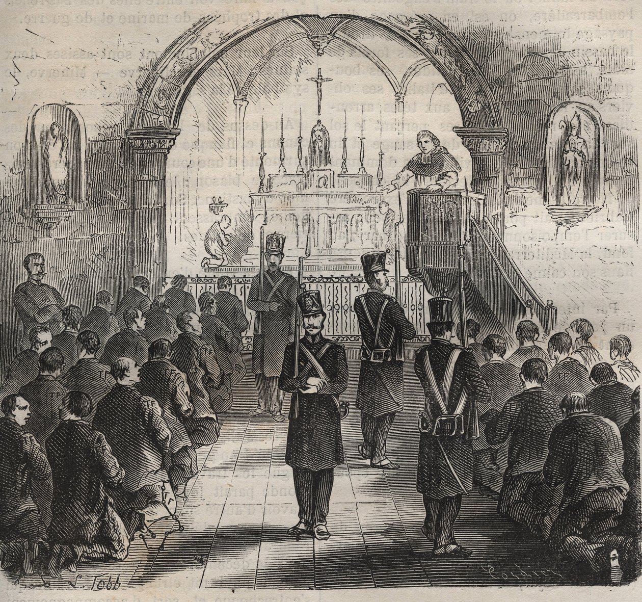 Die Kapelle des Toulon-Bagne im 19. Jahrhundert. Gravur in „Histoire des bagnes depuis leur création à nos jours“ (1877) von Pierre Zaccone (1817-1895). Private Sammlung. von Anonymous Anonymous