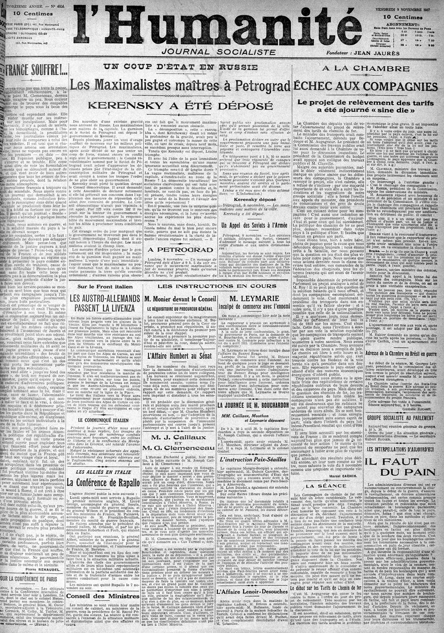 Der Putsch in Russland auf den Titelseiten der sozialistischen Zeitung Humanity. Schlagzeilen: Die Maximalisten in Petrograd, Kerensky wurde abgesetzt, 9.11.1917 von Anonymous Anonymous