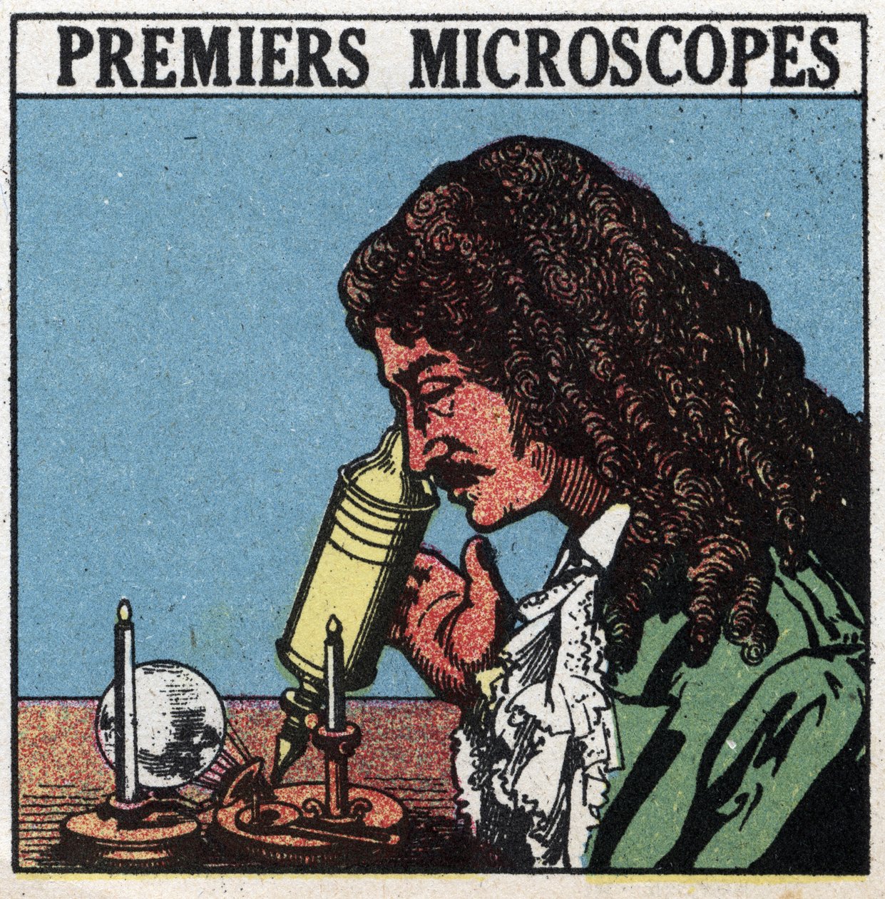 Die ersten optischen Instrumente: Mikroskop zur Zeit von Christiaan Huygens. Anonyme Illustration von 1925. Private Sammlung von Anonymous Anonymous
