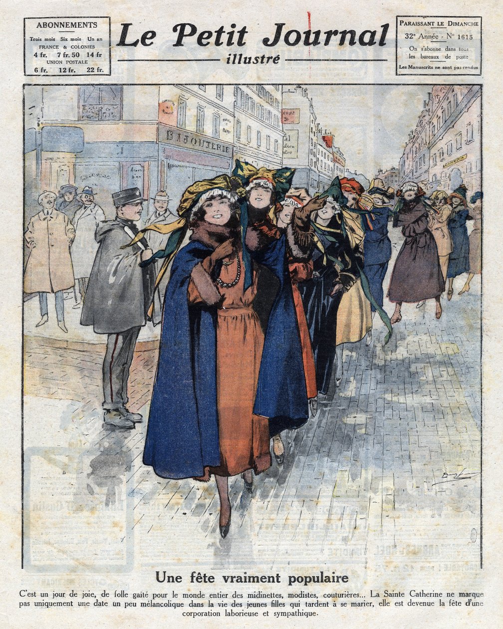 Die Reise der Catherinettes, junge unverheiratete Mädchen, die traditionelle Hüte tragen, durch die Straßen von Paris. Illustration aus „Le petit journal illustrious“ vom 04.12.1921. Private Sammlung von Anonymous Anonymous