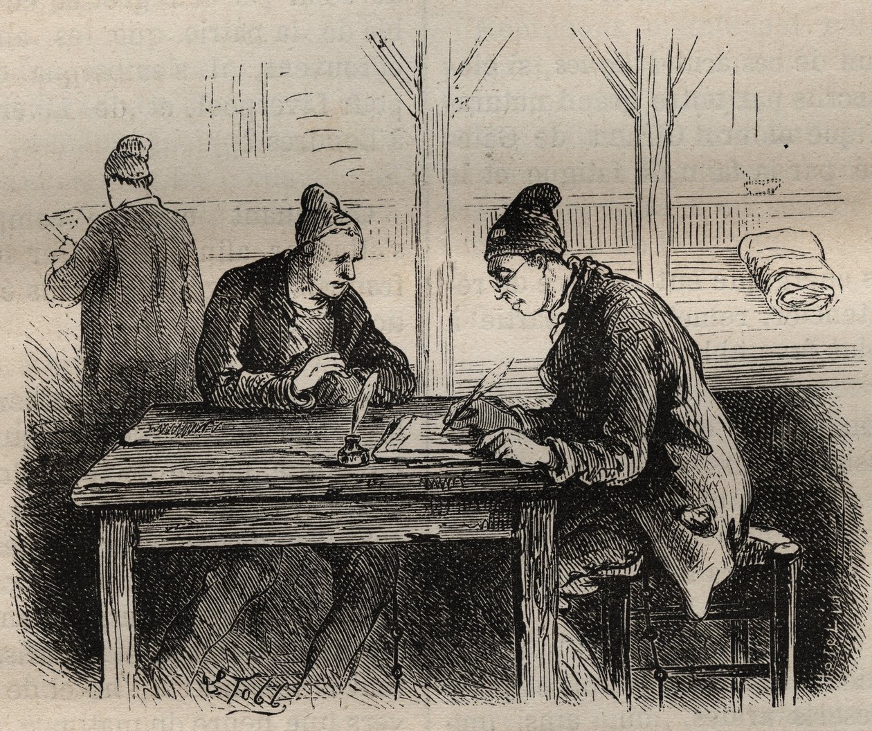 Der öffentliche Schreiber im Toulon-Bagne im 19. Jahrhundert. Gravur in „Histoire des bagnes depuis leur création à nos jours“ (1877) von Pierre Zaccone (1817-1895). Private Sammlung. von Anonymous Anonymous
