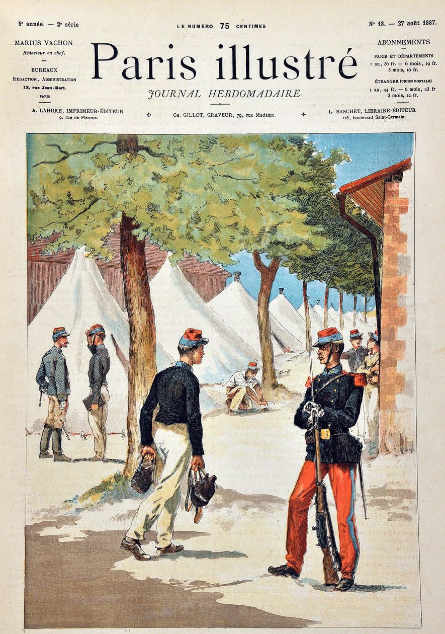 Die Schüler der Schule von Saint-Cyr im Lager von Chalons. Gravur von 1887 in „Paris-Illustrous journal weekly“. von Anonymous Anonymous
