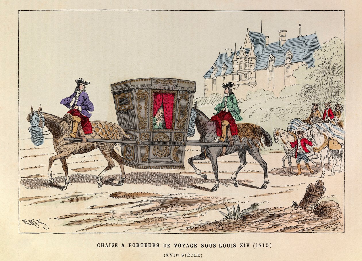 Eine Reisetragestuhl unter der Herrschaft von König Ludwig XIV. (1715) - Sänfte getragen von Pferden unter der Herrschaft von König Ludwig XIV. von Frankreich von Anonymous Anonymous