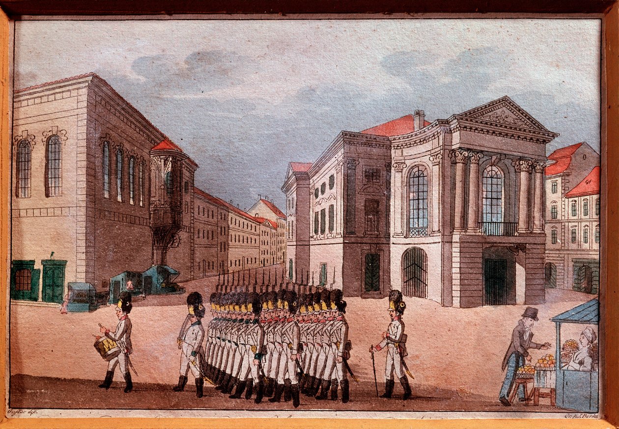 Ansicht des Prager Nationaltheaters zur Zeit der österreichischen Besatzung. Gravur und Aquarell, 18. Jahrhundert von Anonymous Anonymous
