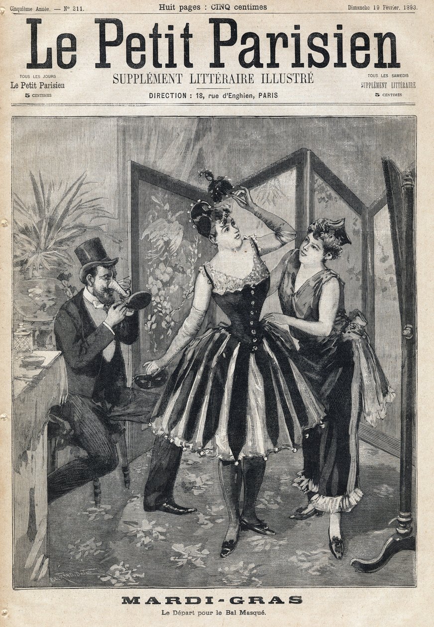 Frauen bereiten ihre Verkleidung hinter einem Bildschirm vor und ein Mann probiert seine Maske in Form eines Elefantenrüssels für den Maskenball des Karnevals. In „Le Petit Parisien“ am 19.02.1893 von Anonymous Anonymous