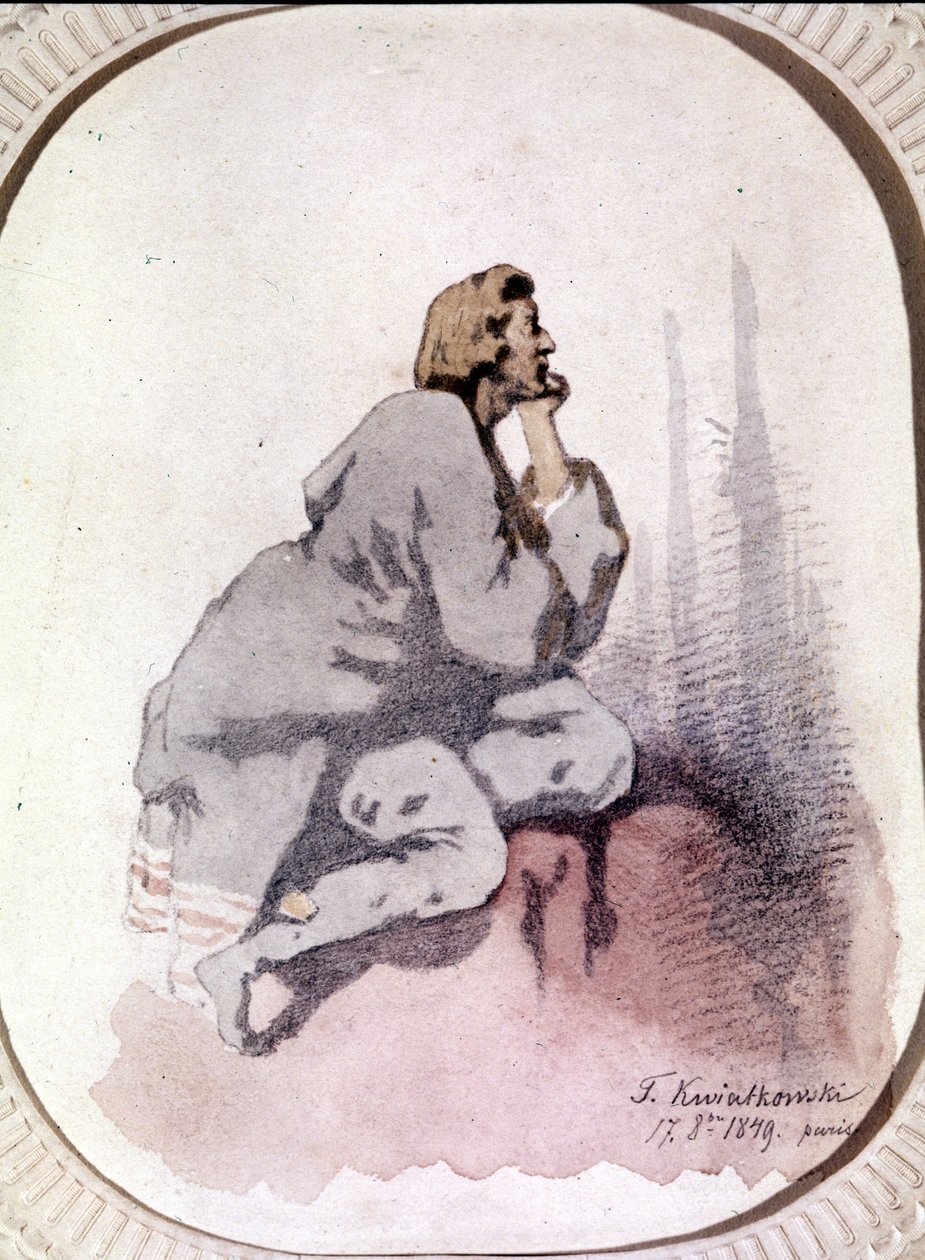 Porträt von Frédéric Chopin (1810-1849), polnischer Komponist. Aquarell von Kwiatkowski von Antar Teofil Kwiatowski
