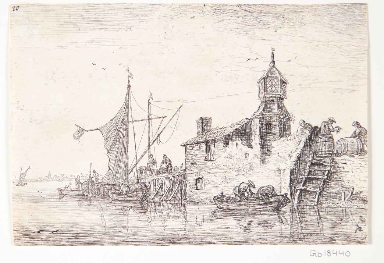 Anlegestelle mit Gebäude mit einem Turm von Anthonie Waterloo