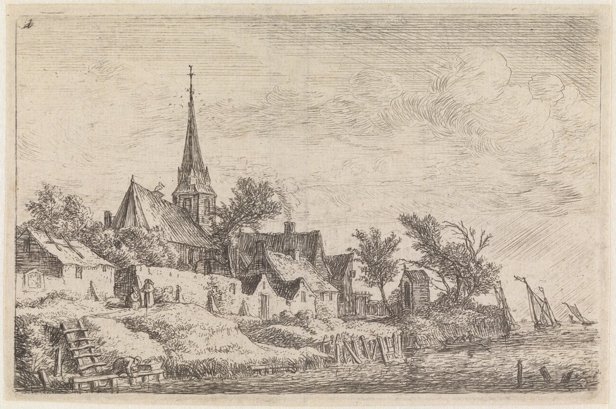 Dorf mit einer Kirche mit spitzem Turm, am Ufer des Meeres (Nr.4 aus einer Serie von 12 Drucken) von Anthonie Waterloo