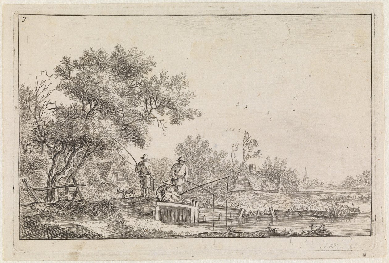Drei Angler auf der Brücke (Nr. 7 aus einer Serie von 12 Drucken) von Anthonie Waterloo