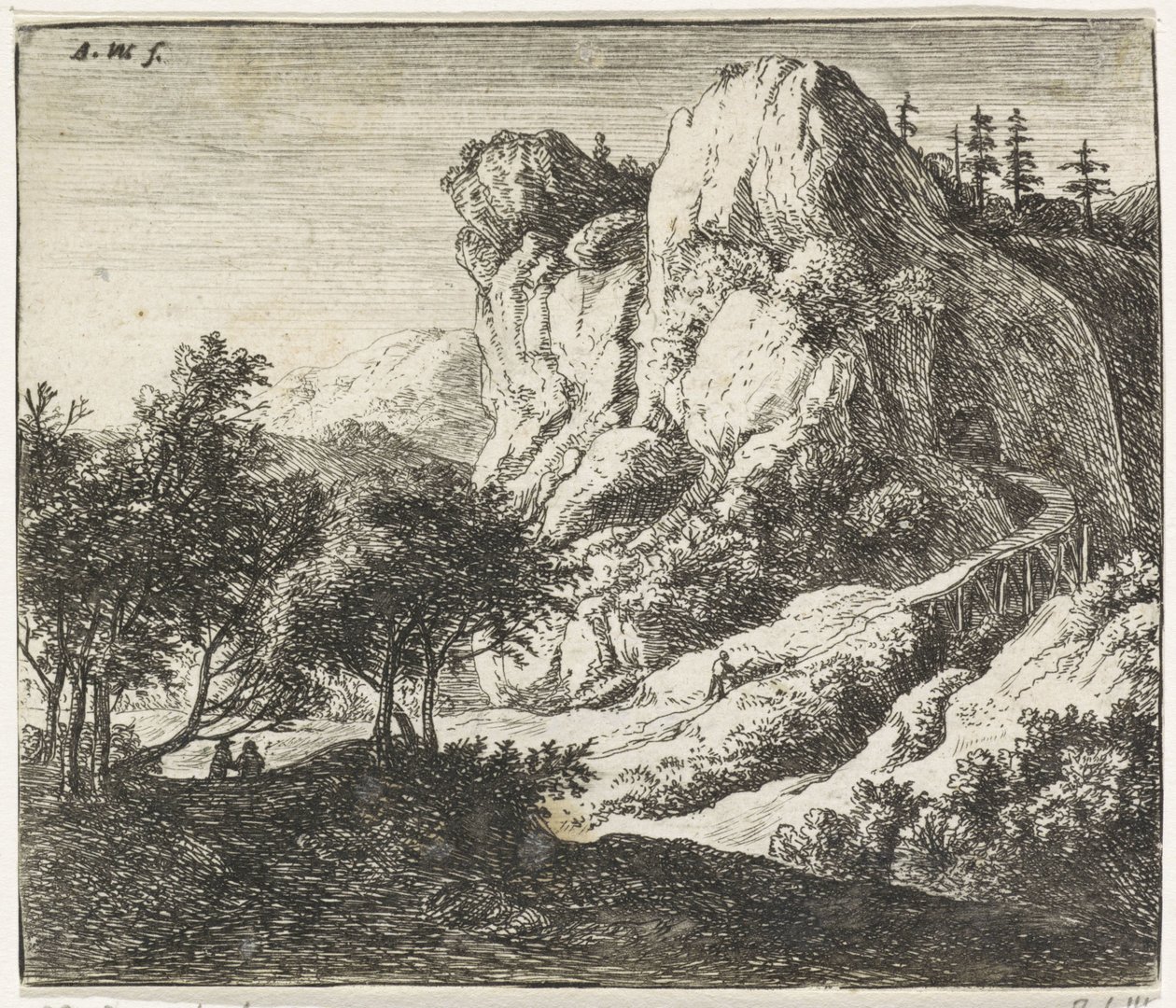 Holzbrücke bei einer Felsformation von Anthonie Waterloo