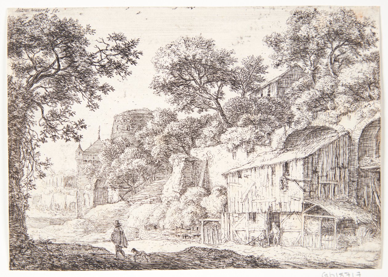 Landstraße mit Mann im Umhang und seinem Hund von Anthonie Waterloo