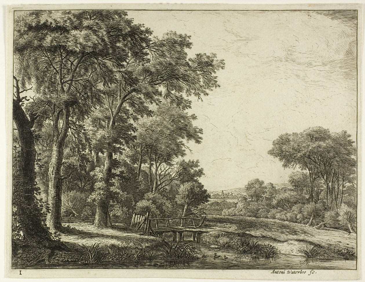 Der Eingang zum Wald an der kleinen Holzbrücke von Anthonie Waterloo