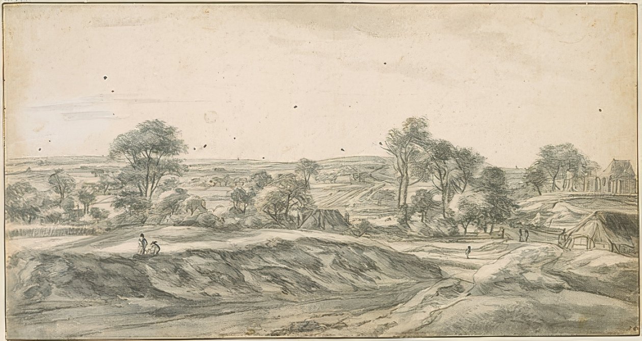 Unter Bäumen zerstreutes Dorf, rechts die Kirche, weite Ferne mit hügeligen Feldern von Anthonie Waterloo