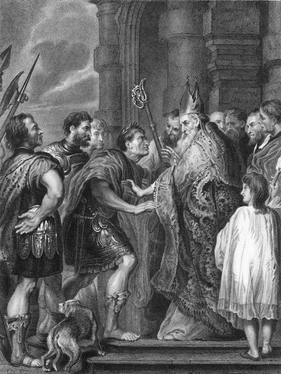 St. Ambrosius verweigert Kaiser Theodosius den Zutritt zur Kirche (Gravur) von Anthony van (after) Dyck