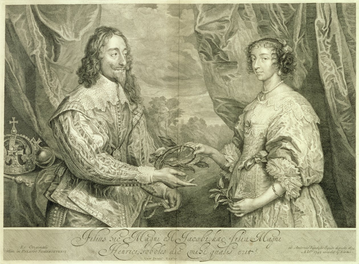 Karl I. (1600-49) und Henrietta Maria (1609-69) graviert von George Vertue (1684-1756) nach einem Gemälde von 1634, 1742 von Anthony van Dyck