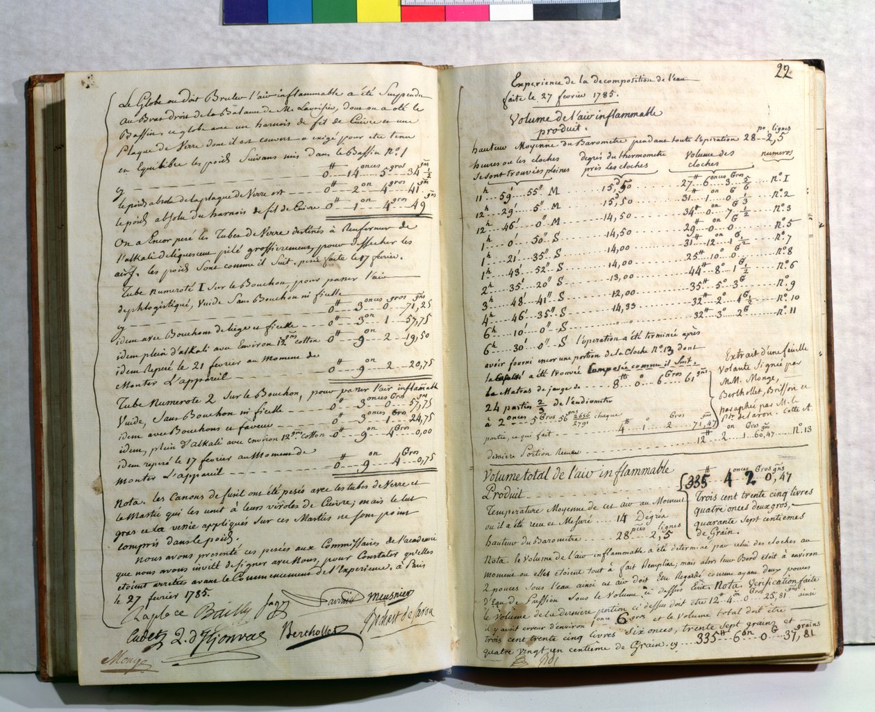 Lavoisiers Notizen zu seinem Experiment zur Zersetzung von Wasser, 27. Februar 1785 von Antoine Laurent de Lavoisier