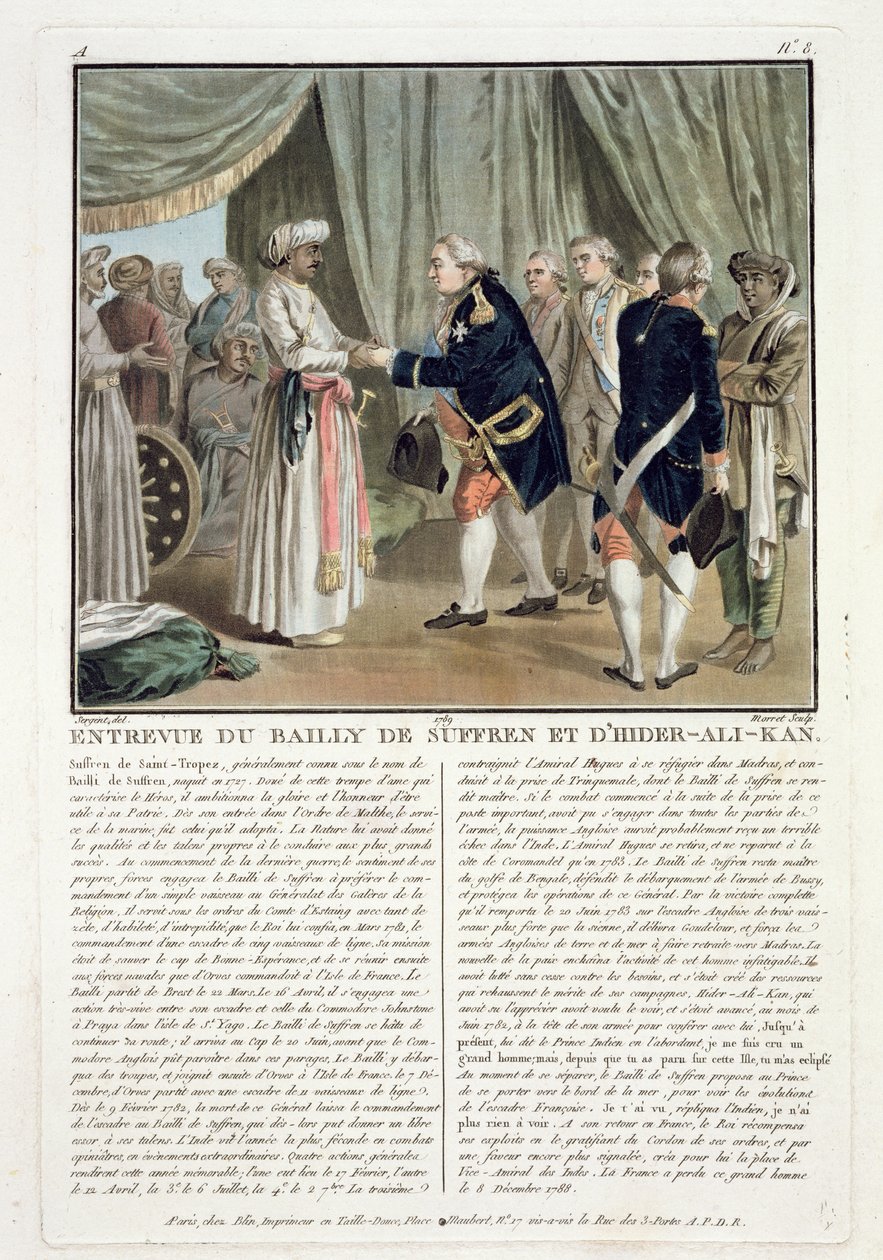 Treffen von Pierre Andre de Suffren de Saint Tropez und Haider Ali, 1782, graviert von Jean Baptiste Morret, 1789 von Antoine Louis Francois Sergent Marceau
