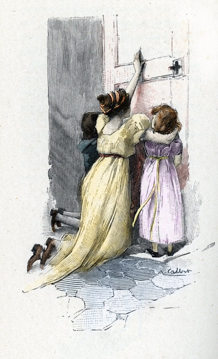 Josephine de Beauharnais weint mit ihren Kindern Hortense und Eugene an der Tür des Zimmers von Napoleon Bonaparte (1769-1821), der sich weigert, sie nach außerehelichen Abenteuern während seines Aufenthalts in Ägypten zu öffnen von Antoine Calbet