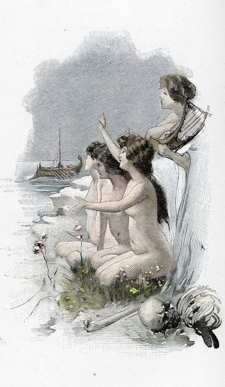 Odyssee von Homer: Gesang XII: Odysseus und die Sirenen, die ein bezauberndes Lied sangen, das normalerweise vorbeifahrende Seeleute dazu brachte, auf die Felsen zu steuern, nur um sie zu treffen und zu sinken Illustration von Antoine Calbet (1860-1944) fü von Antoine Calbet