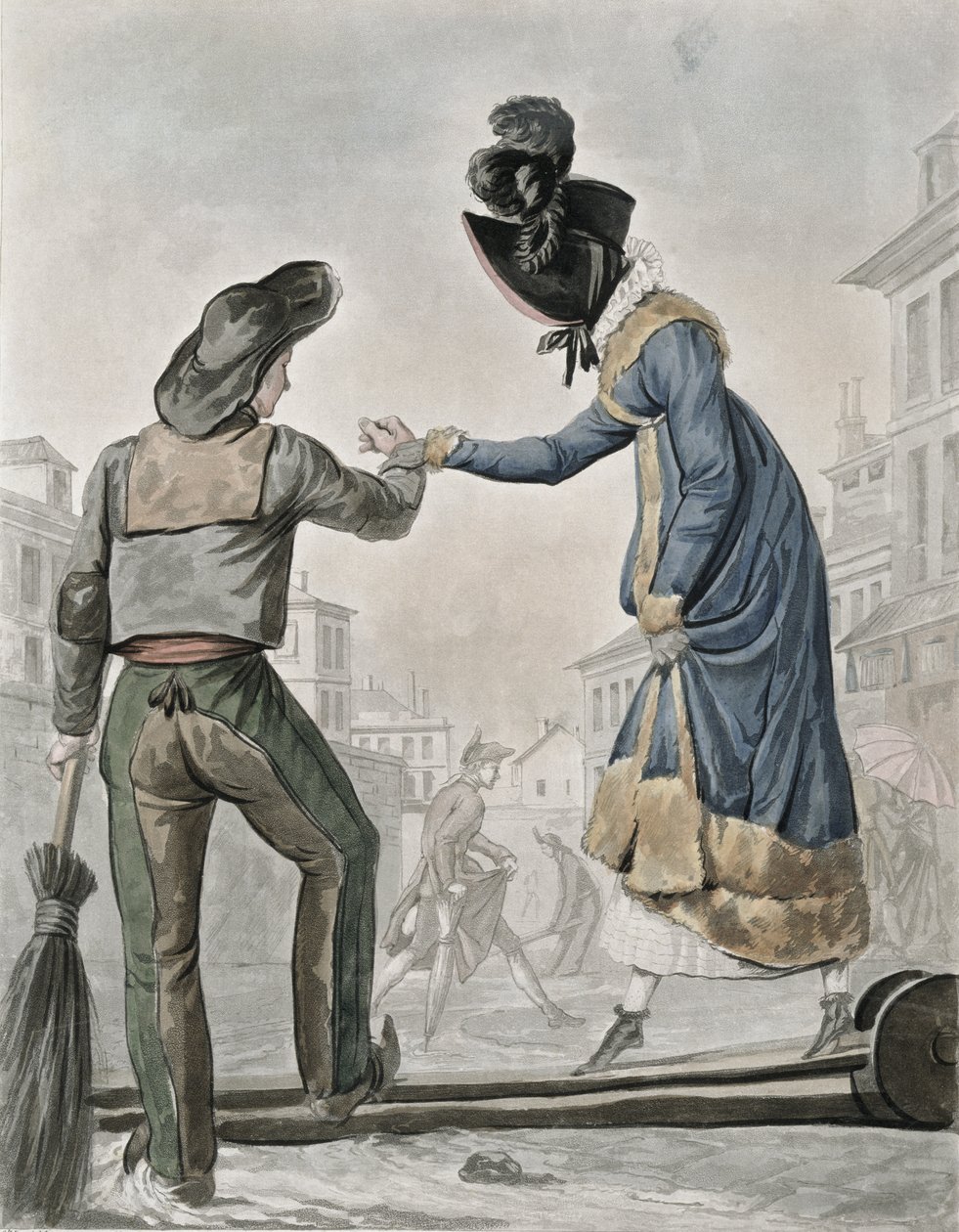 Eine Frau bezahlt einen Straßenkehrer, um über ein schmutziges Straßenbrett zu gehen von Antoine Charles Horace Vernet