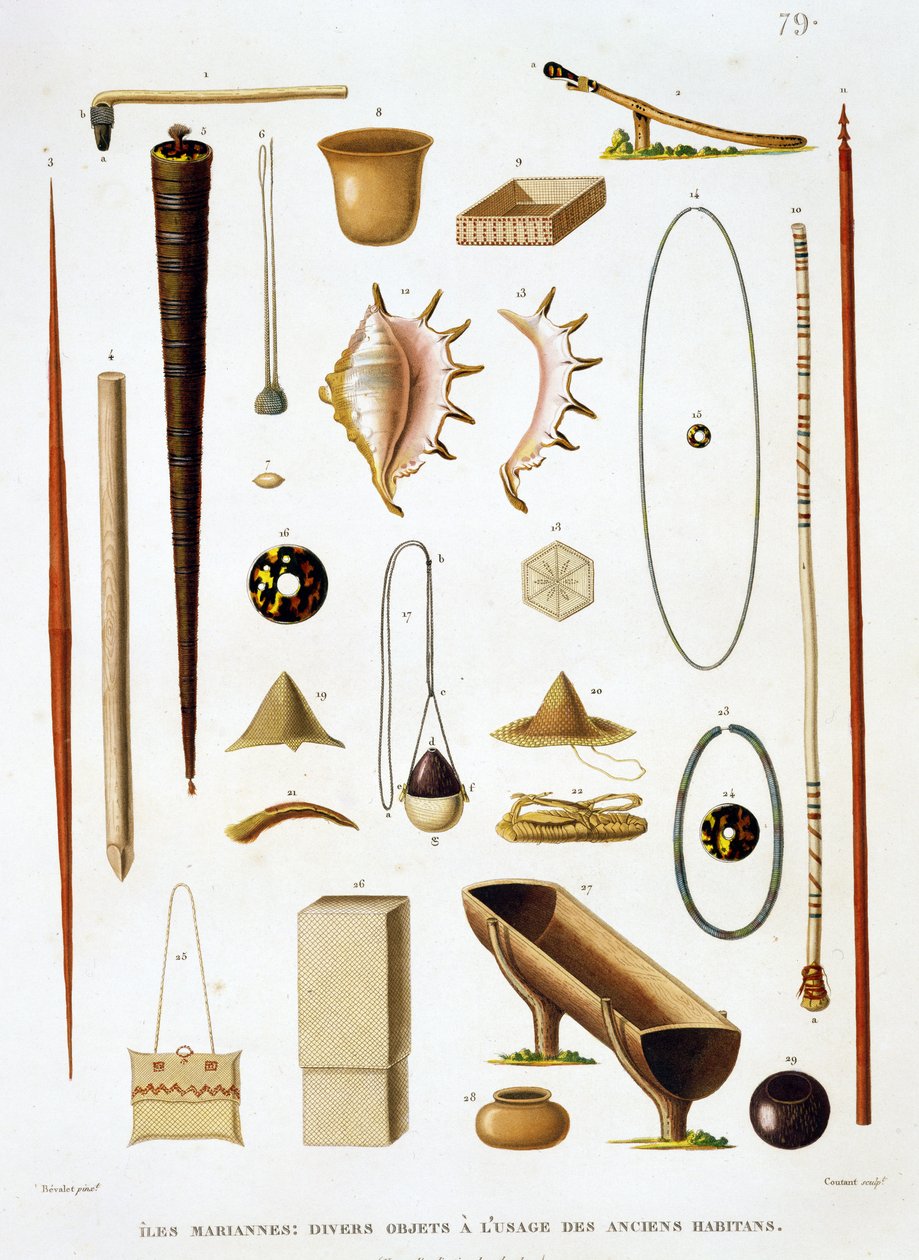 Haushaltsutensilien und Waffen von den Marianeninseln, aus Voyage autour du Monde (1817-20), von Louis Claude Desaulses de Freycinet, graviert von Jean Louis Denis Coutant, veröffentlicht 1824 von Antoine Germain Bevalet