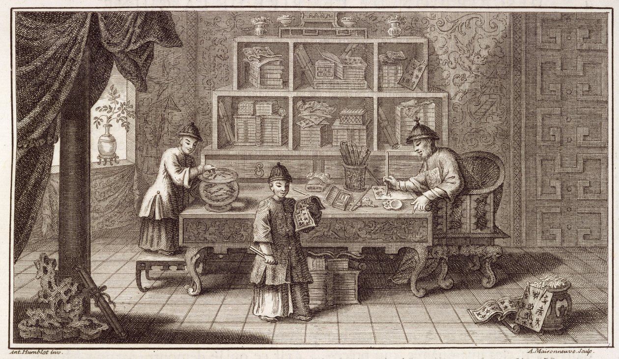 Ein chinesischer Kalligrafieladen, aus einem Bericht über die niederländische Botschaft in China, graviert von A. Maisonneuve, ca. 1670er Jahre von Antoine Humblot