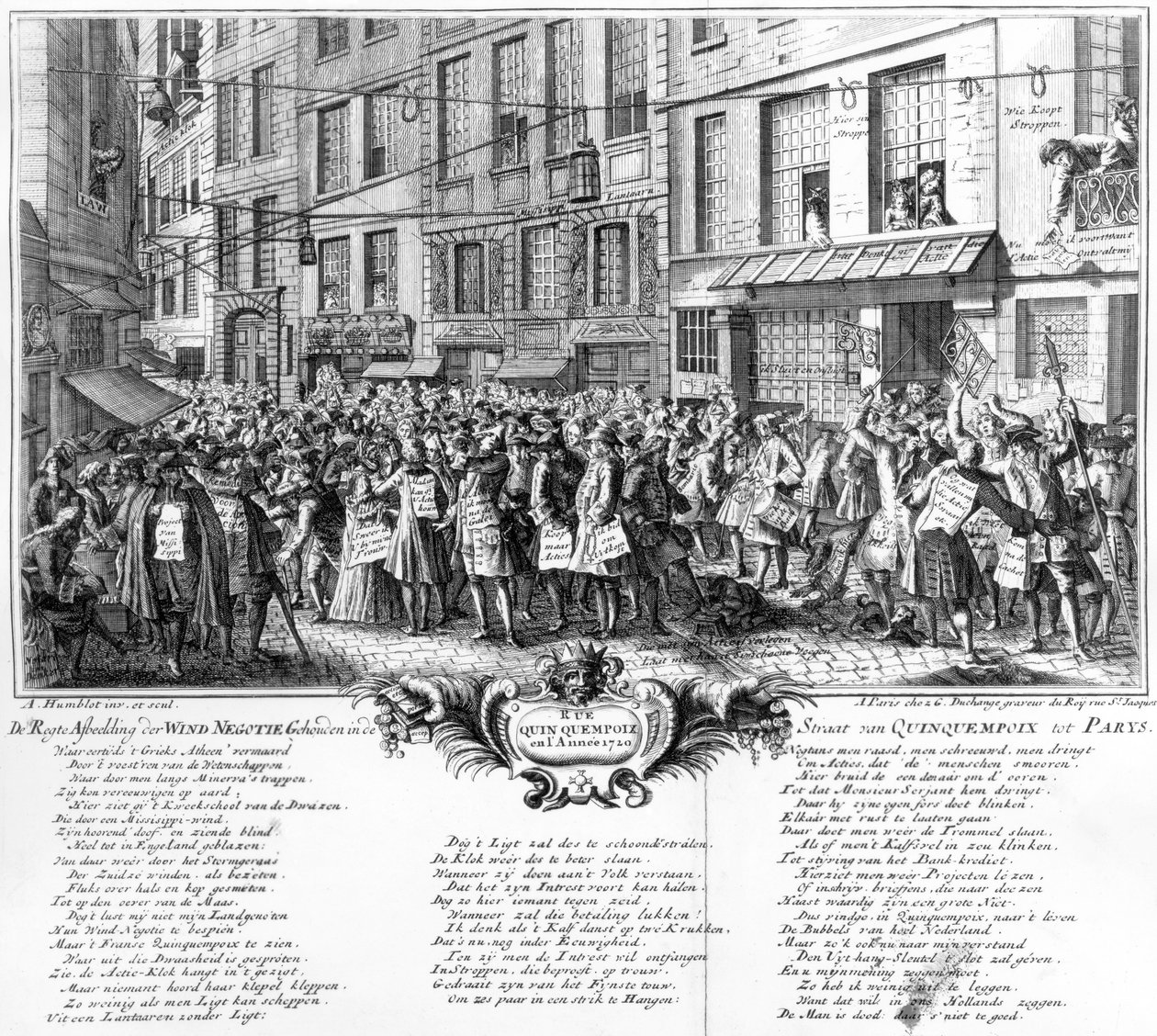 Investoren vor dem Hauptsitz der Banque Royale in der Rue Quincampoix, Paris, 1720 von Antoine Humblot