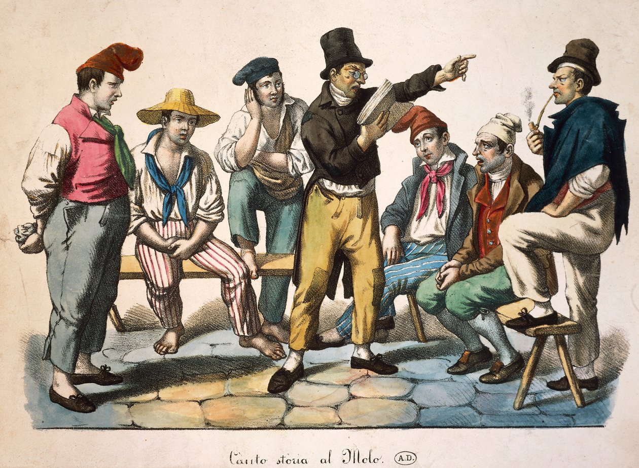 Geschichtenerzähler am Dock, Druck von Antoine Jean Baptiste Thomas