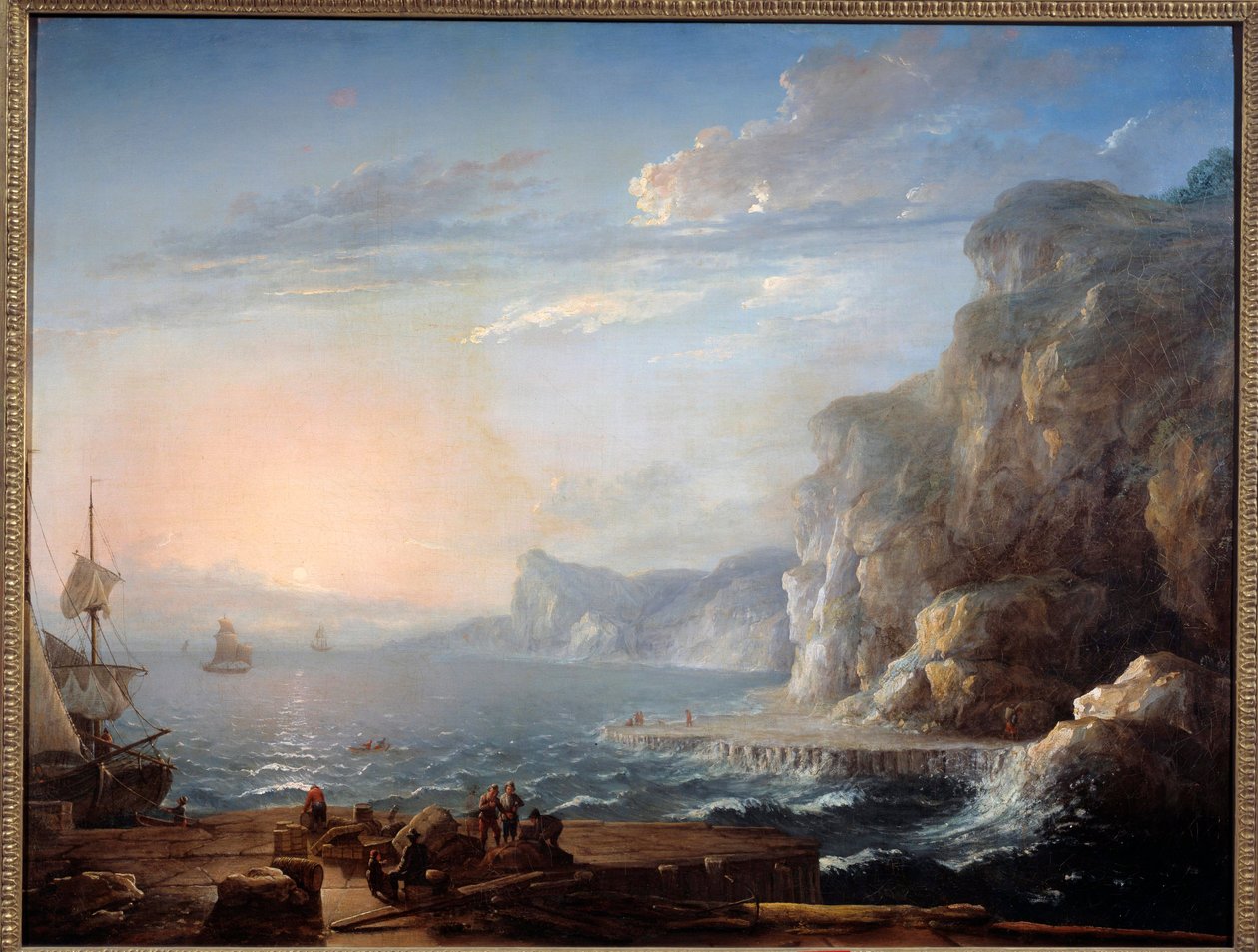 Sonnenuntergang Eine Landschaft mit Klippen und Felsen am Meer, mit Fischern im Vordergrund. 18. Jahrhundert von Antoine Lebel