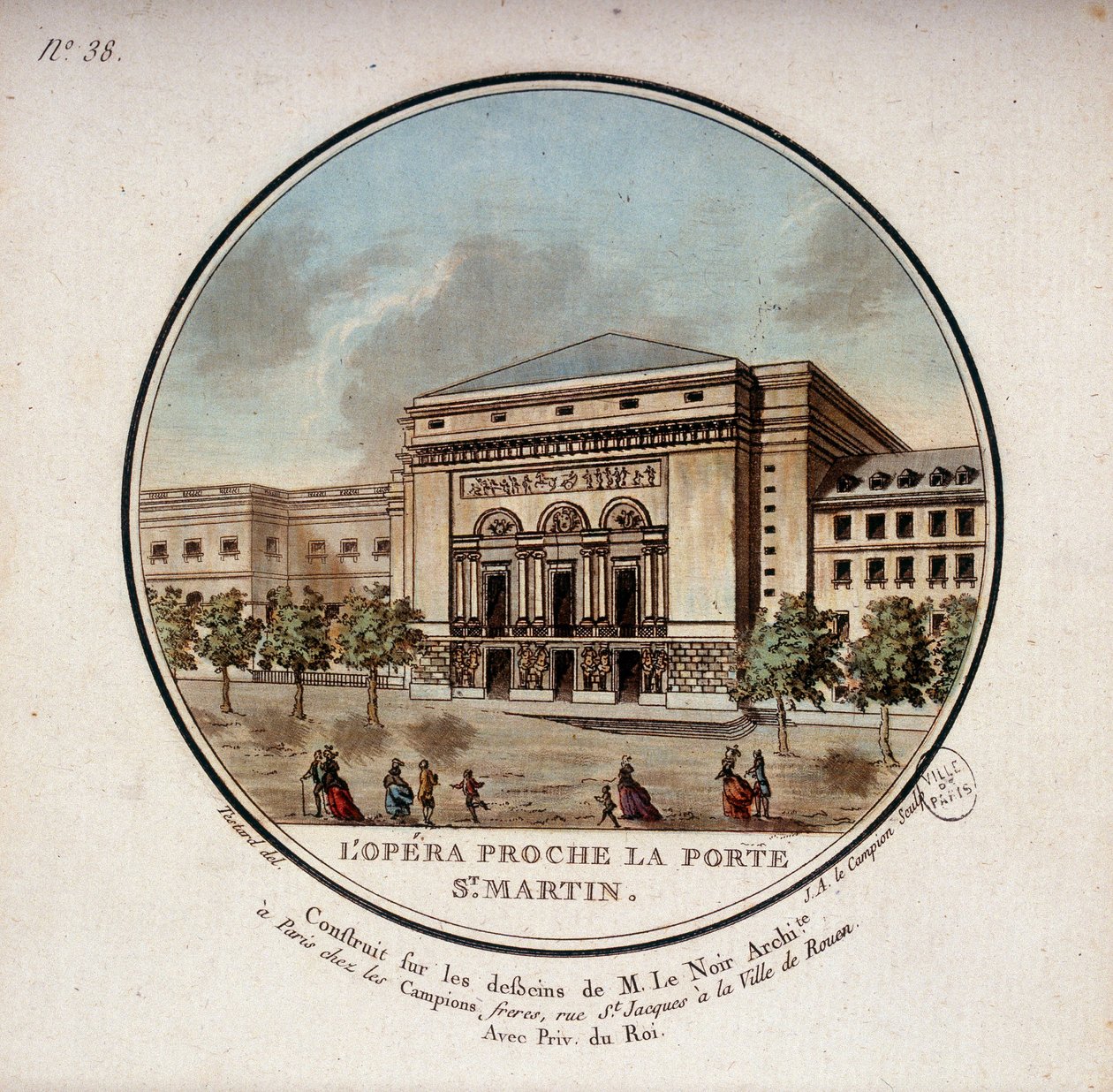 Die Oper, gebaut nach den Zeichnungen des Architekten Le Noir in der Nähe der Porte Saint Martin in Paris, heute das Theater der Porte Saint Martin. In malerische Ansichten der Hauptgebäude von Paris von Sergeant von Antoine Louis Francois Sergent Marceau