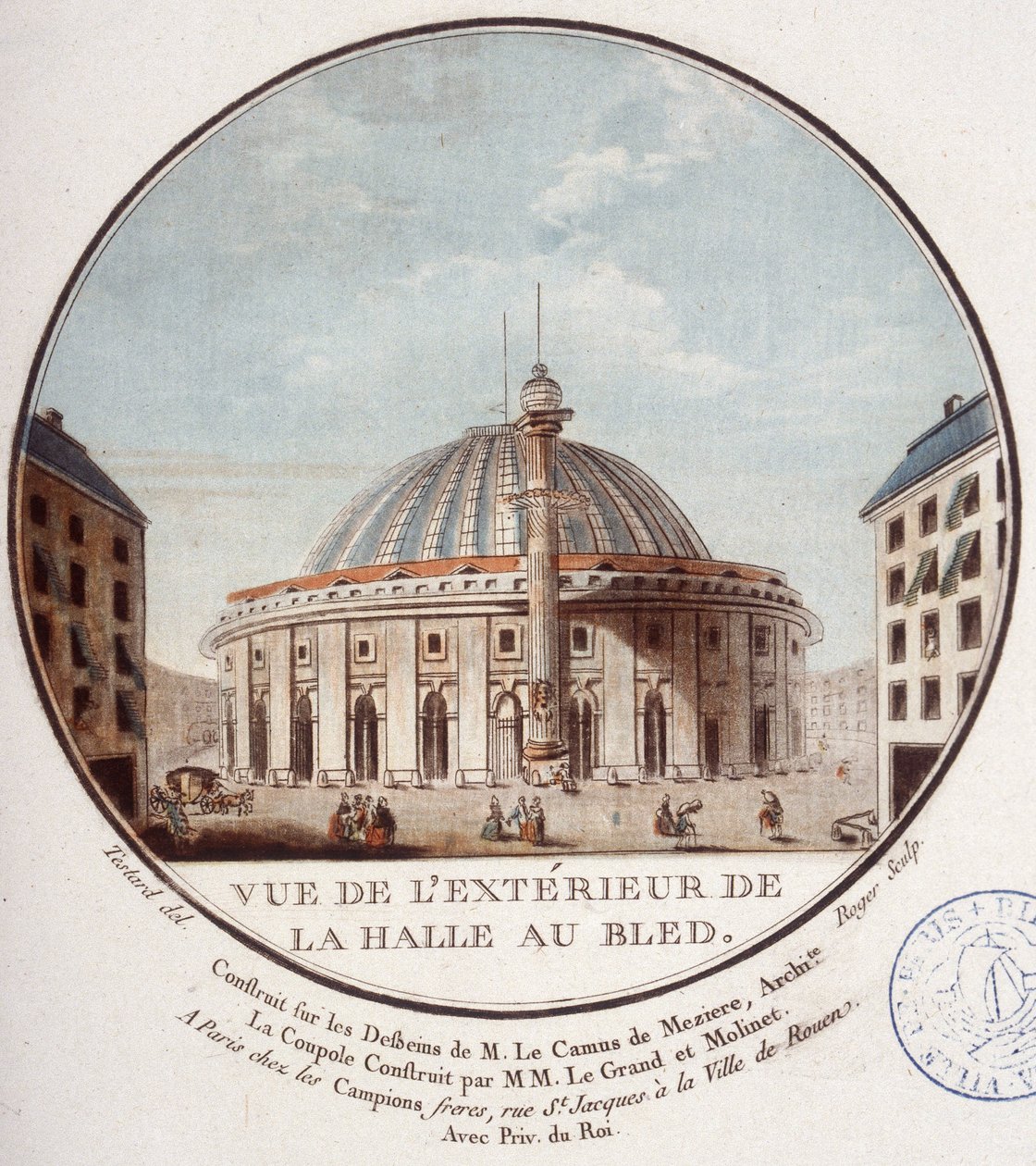Ansicht des Äußeren des Weizenmarktes, Paris, gebaut von Le Camus de Mézières zwischen 1763 und 1766, heute die Börse in Paris. In malerischen Ansichten der Hauptgebäude von Paris von Sergeant von Antoine Louis Francois Sergent Marceau