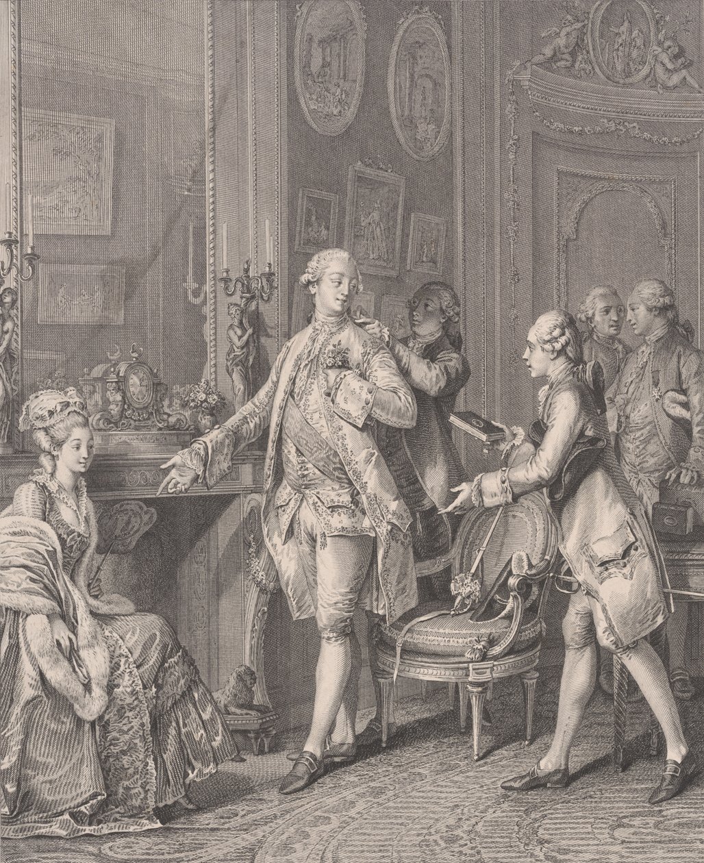 La Grande Toilette Die Schirmherrin, aus Le Monument du Costume, 1777 von Antoine Louis Romanet