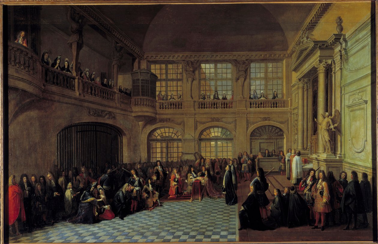 König Ludwig XIV. empfängt den Eid des Marquis de Dangeau in der Kapelle des Schlosses von Versailles am 18. Dezember 1695 von Antoine Pezey