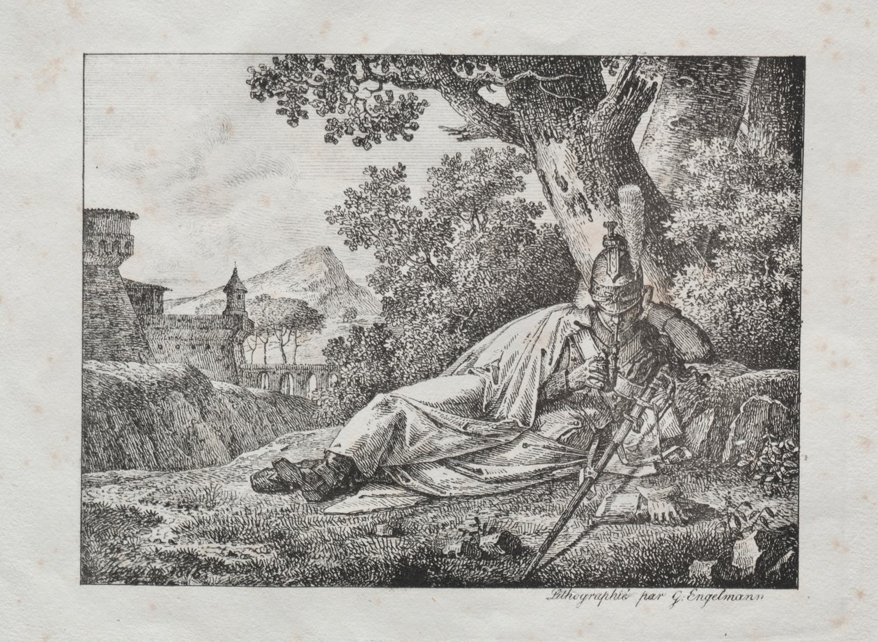 Sammlung lithografischer Versuche: Rauchender Drache am Fuße eines Baumes, 1822 von Antoine Pierre Mongin