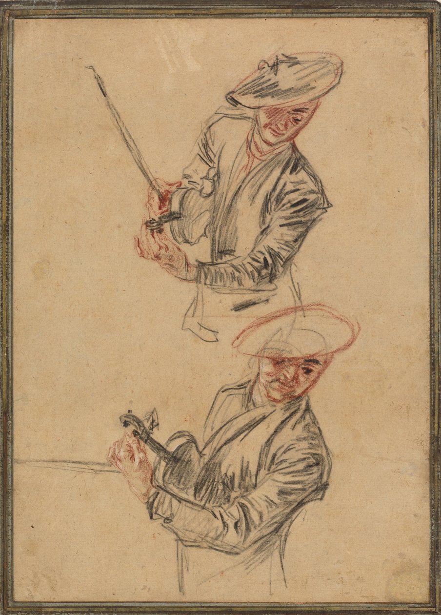 Zwei Studien eines Geigers, der sein Instrument stimmt von Antoine Watteau