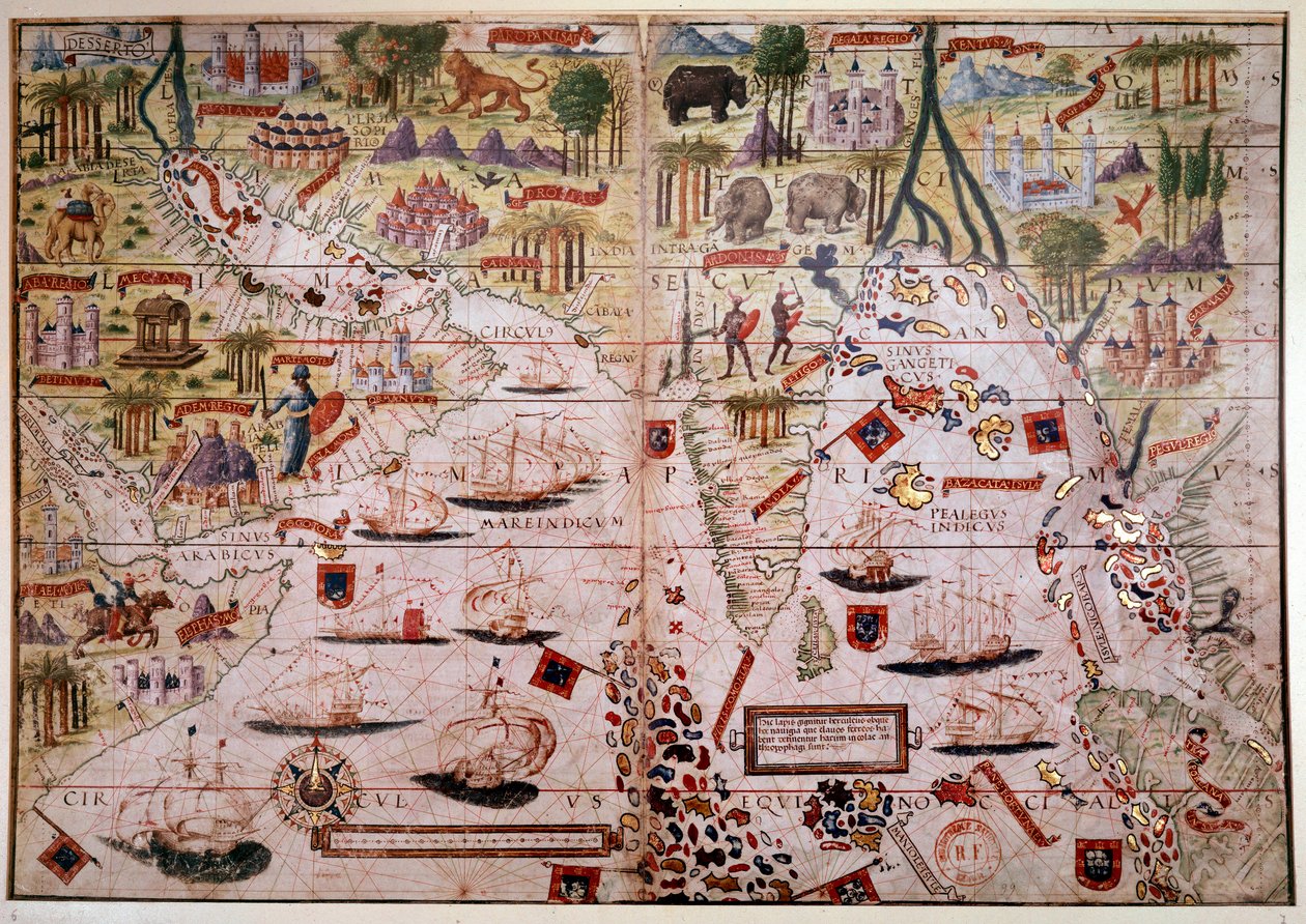 Der portugiesische nautische Atlas der Indes. Seite des Atlas Miller Manuskripts, erstellt 1519 von Pierre und Georges Reinel, Lopo Homem (Kartographen) und Antoine de Hollande (Miniaturist). 16. Jahrhundert. Paris, B N. von Antoine de Hollande