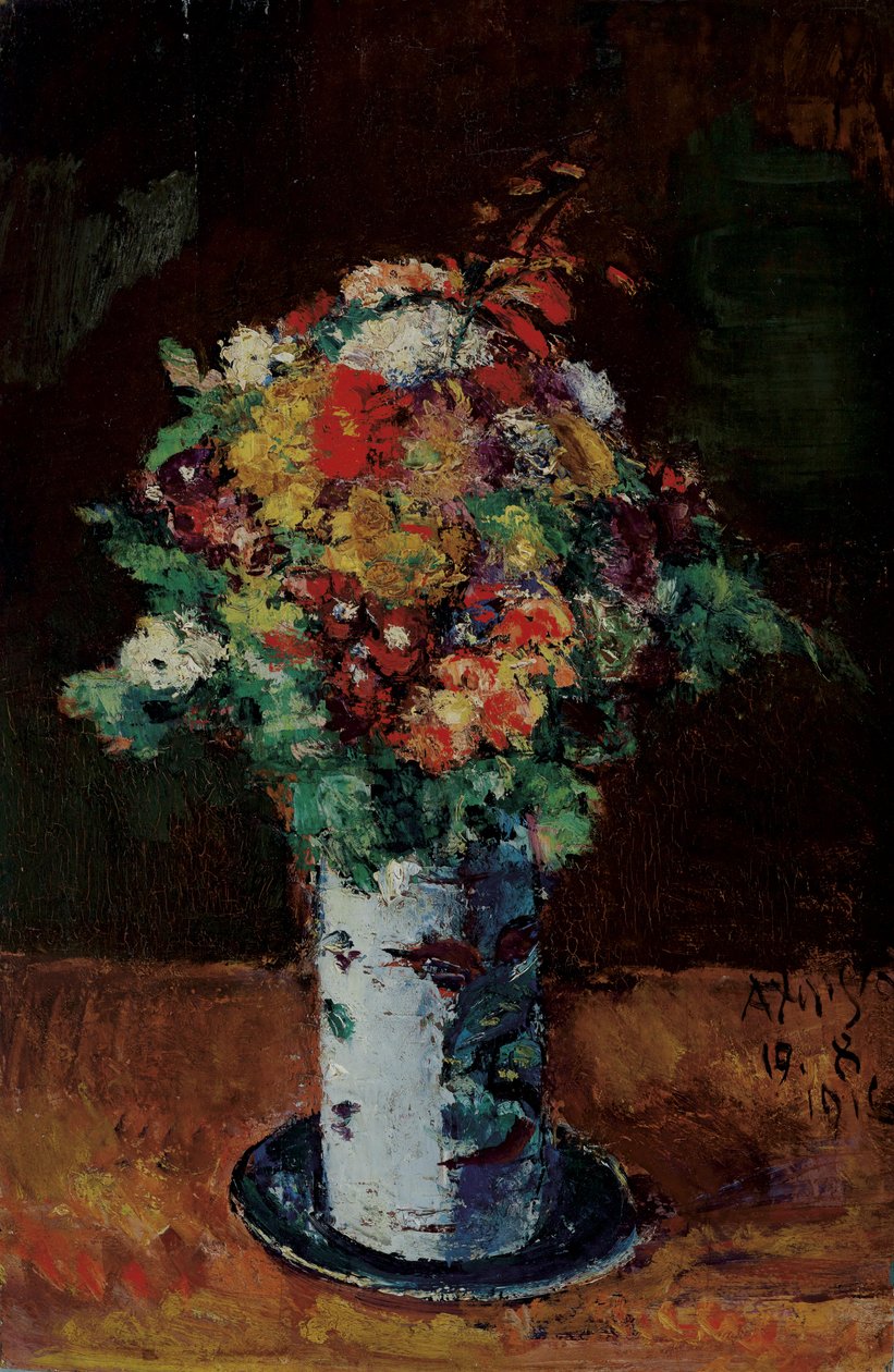 Blumenstrauß in Walzenkrug auf Teller von Anton Faistauer