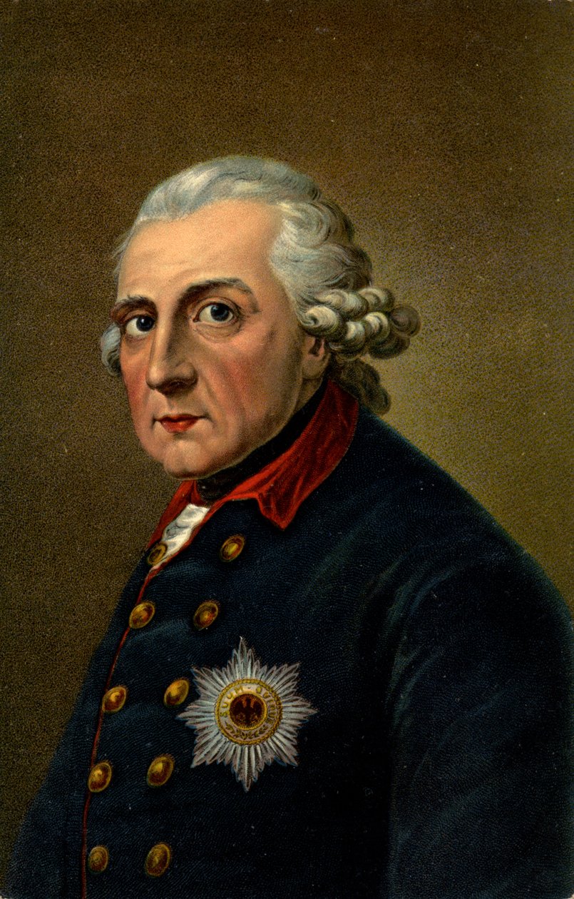 Geschichte. Deutschland. Friedrich II. der Große. Illustration inspiriert von einem Porträt von Anton Graff (1780), Deutschland, ca. 1900 (Postkarte) von Anton (after) Graff