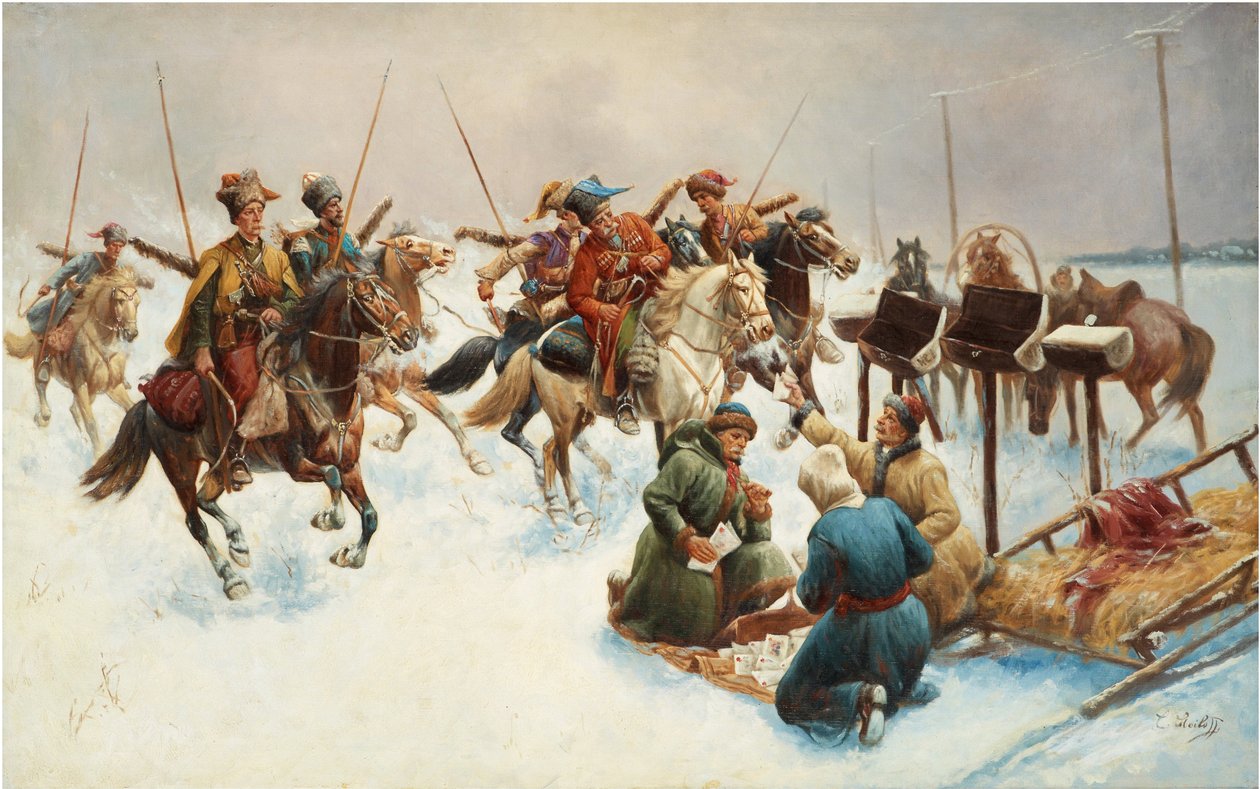 Winterlandschaft mit Kosaken (Postverteilung) von Anton Baumgartner Stoiloff